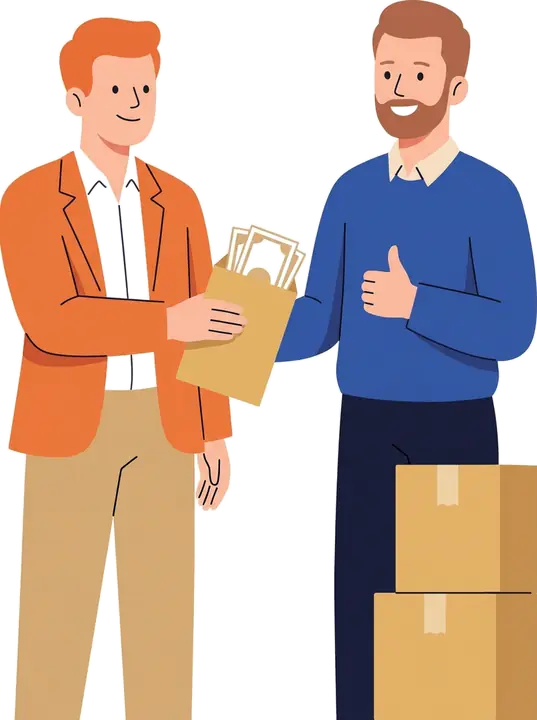 Two men closing a cash deal beside a stack of boxes