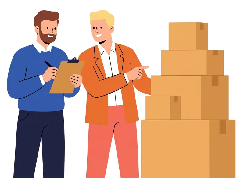 A man checking a stack of boxes on a clipboard while a colleague points