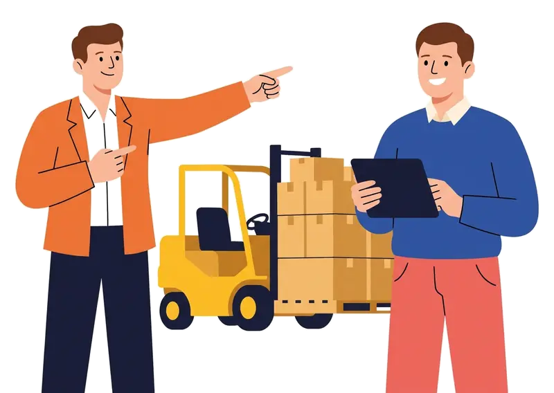 Two men in front of a forklift lifting a pallet of boxes