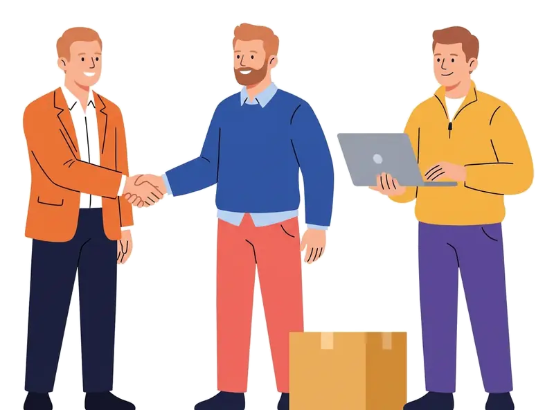 Two men shaking hands on a closeout deal while a colleague holds a laptop