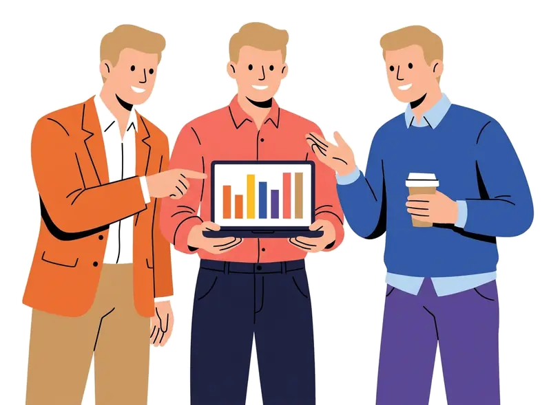 Three men reviewing an inventory offer on a laptop