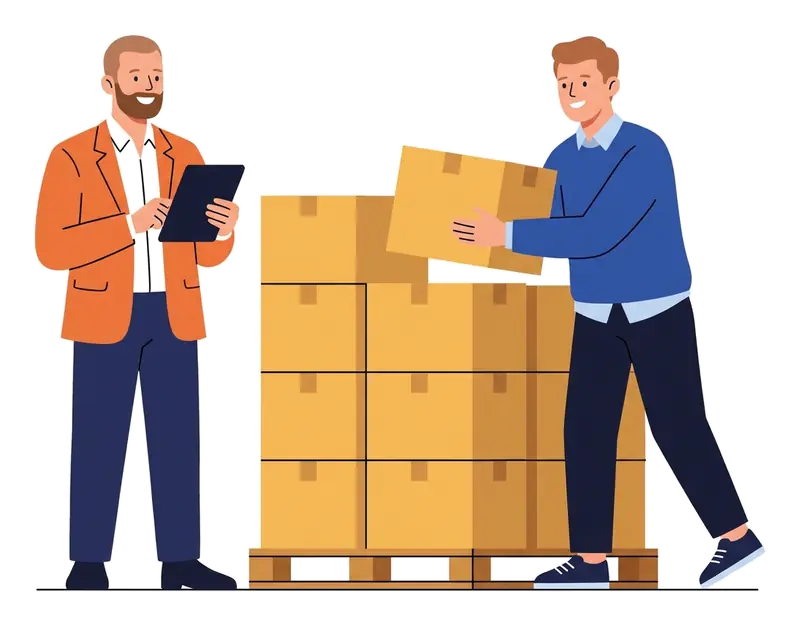 Two men stacking boxes on a pallet and checking a tablet
