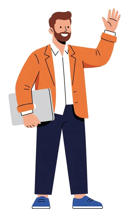A man in an orange blazer waving hello, holding a laptop
